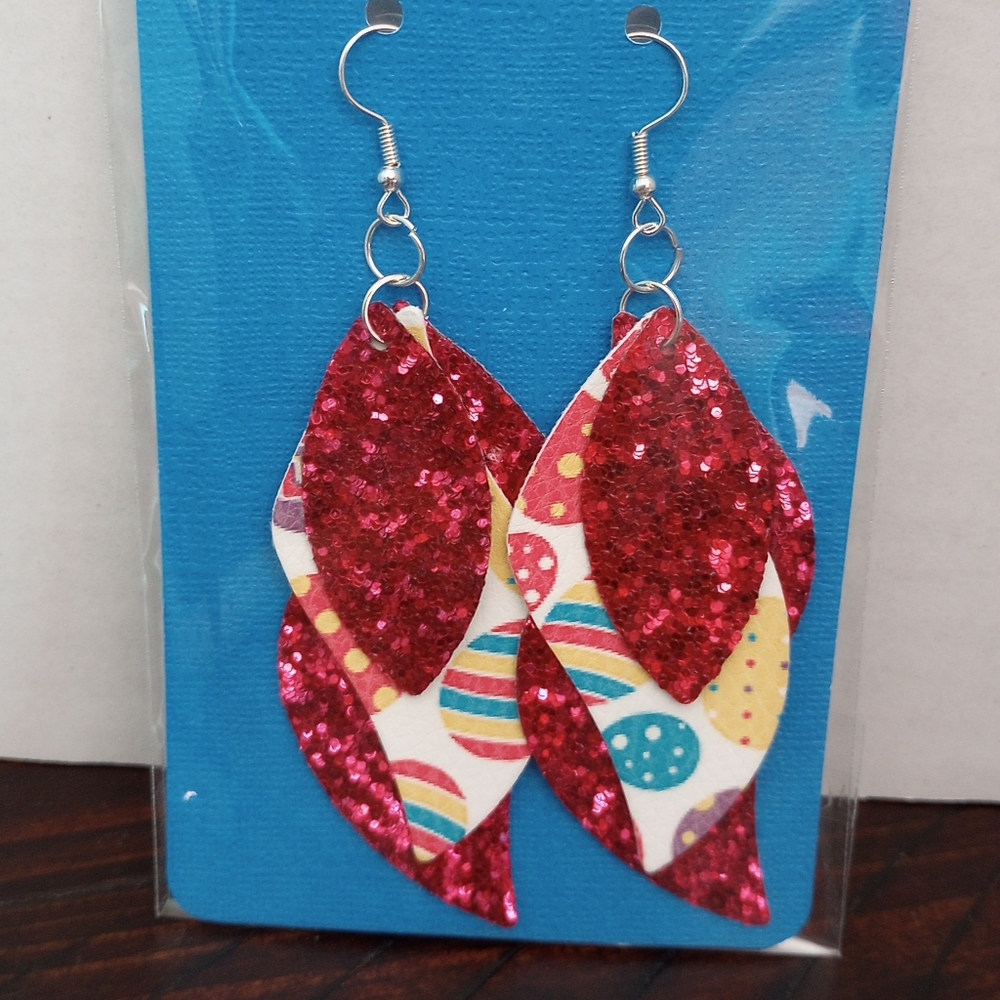 Dark Pink Glitter Easter Eggs‎ Faux Leather Handcrafted New Earrings